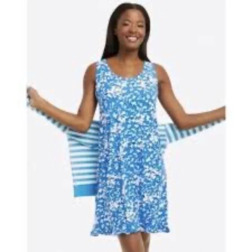NWT Draper James Sleeveless Ruffle Bluebell Blue & White Night Gown - SIze S/M